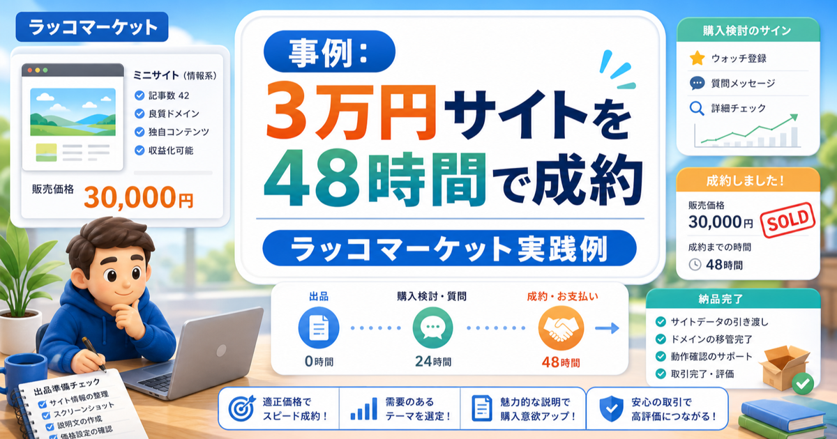 【事例】ラッコマーケットで3万円サイトを48時間で成約した実践例のアイキャッチ画像