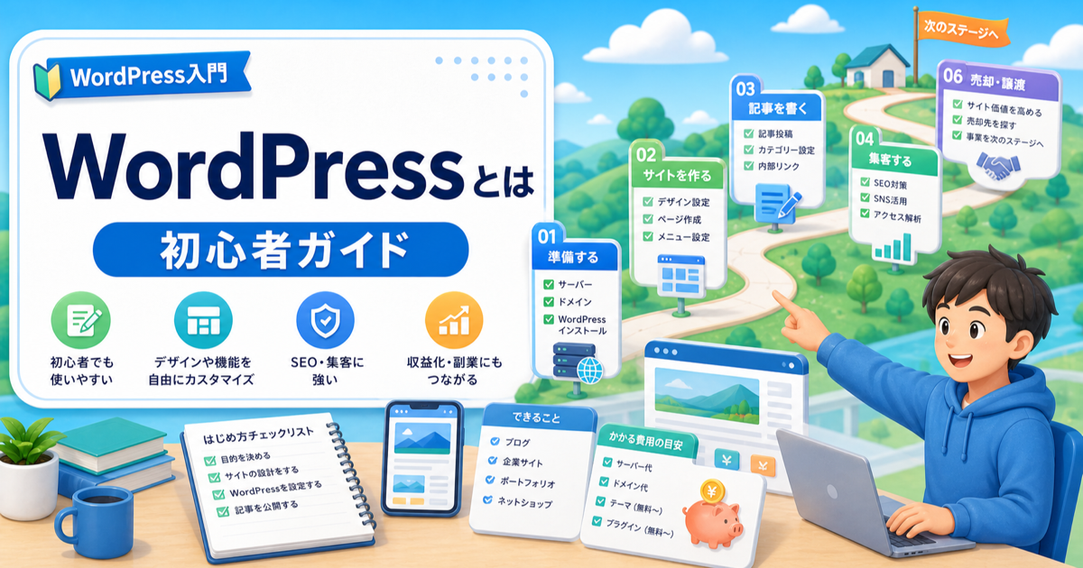 WordPressとは？初心者ができること・費用・始め方を一気に理解の内容を表したアイキャッチ画像