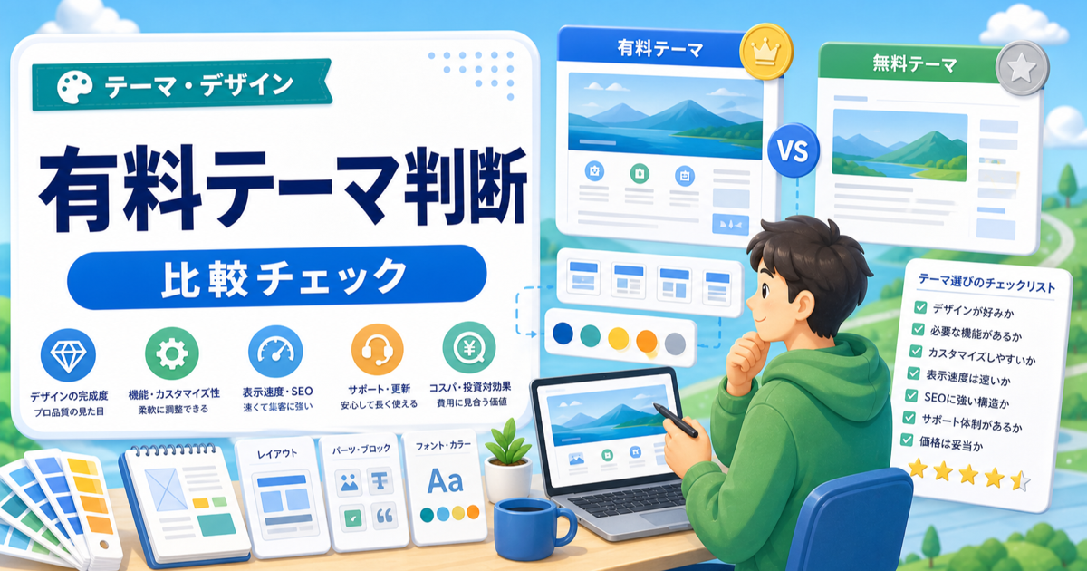 WordPress有料テーマは必要？無料テーマとの違いと選び方の内容を表したアイキャッチ画像