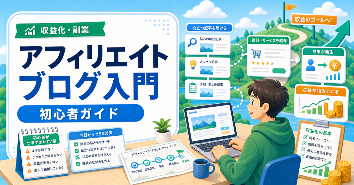 アフィリエイトのブログの始め方｜初心者が失敗しやすい壁と対策の内容を表したアイキャッチ画像