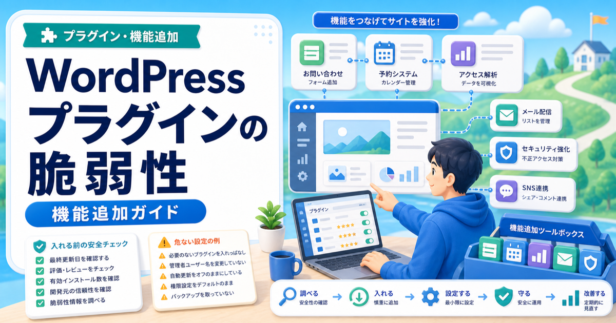 WordPressプラグインの脆弱性で危ない設定は？入れる前に見る安全チェックの内容を表したアイキャッチ画像