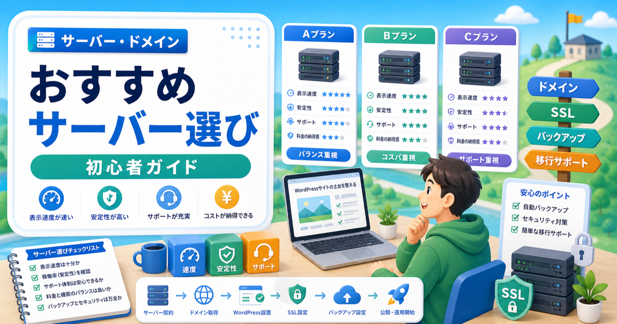 WordPressにおすすめのサーバーはどれがいい？初心者が後悔しない選び方の内容を表したアイキャッチ画像