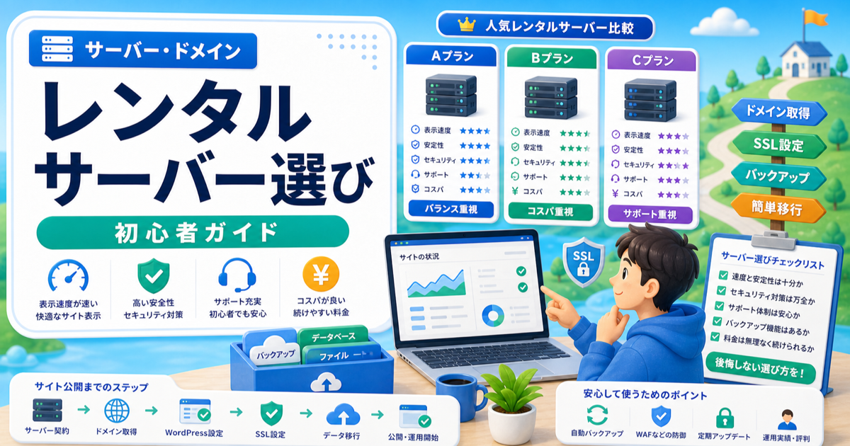 WordPressにおすすめのレンタルサーバーはどれ？初心者が後悔しない選び方の内容を表したアイキャッチ画像