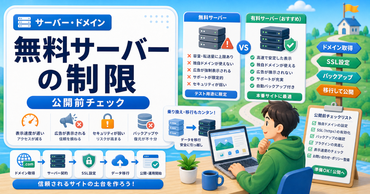 WordPress無料サーバーの注意点｜本番サイトで避けたい制限と代替案の内容を表したアイキャッチ画像