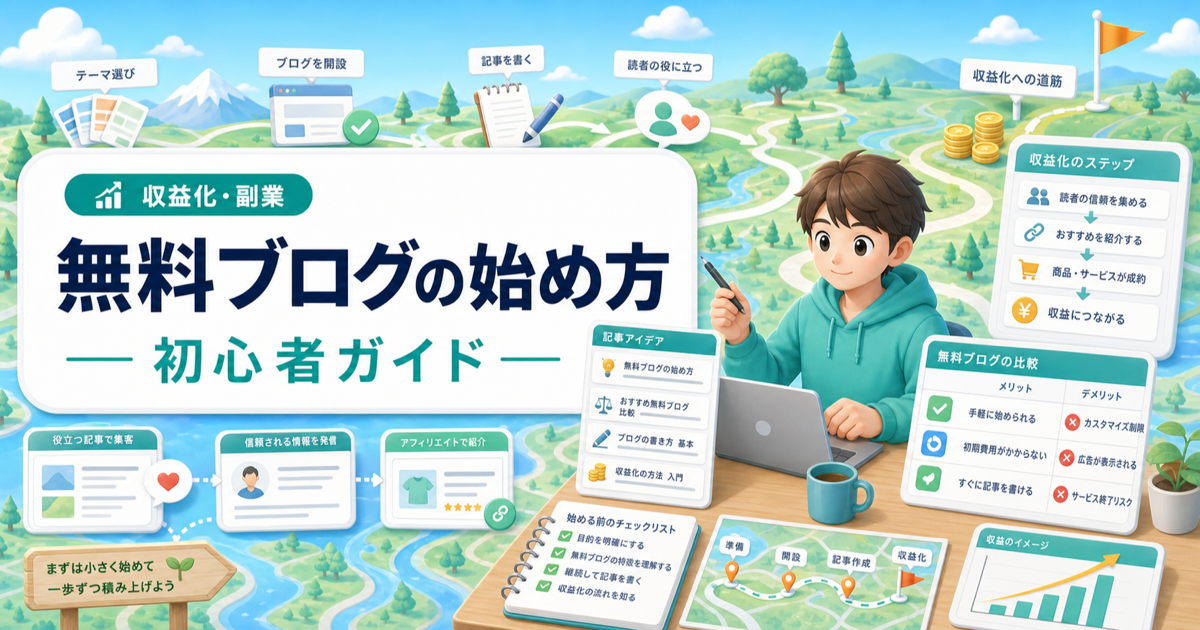 無料ブログの始め方｜無料で始める前に知るべき注意点と収益化の道筋の内容を表したアイキャッチ画像