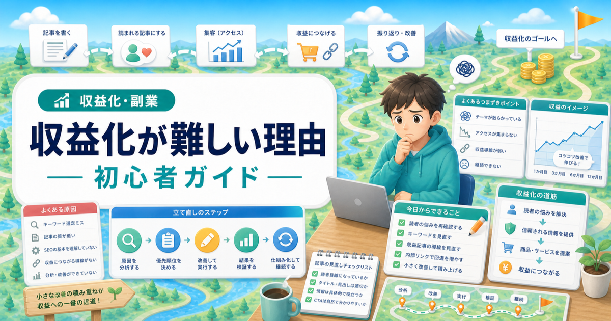 ブログ収益化が難しい理由は？初心者が詰まる原因と立て直し方の内容を表したアイキャッチ画像