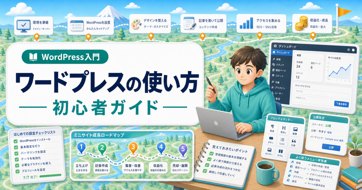 ワードプレスの使い方｜初心者が最初に覚える画面と操作の内容を表したアイキャッチ画像