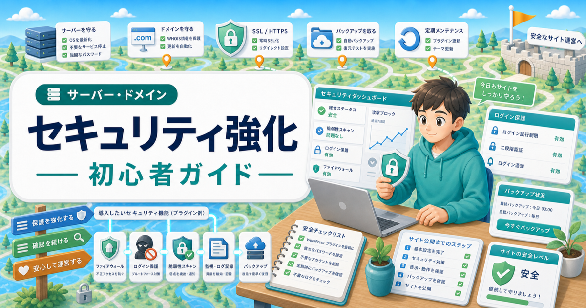 WordPressセキュリティプラグインでまず守ること｜初心者向け安全チェックの内容を表したアイキャッチ画像