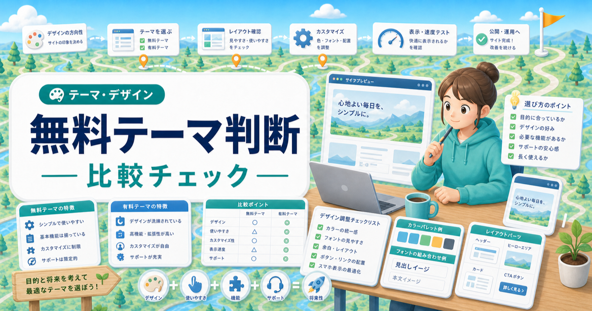 WordPress無料テーマで十分？有料テーマとの違いと選び方の内容を表したアイキャッチ画像