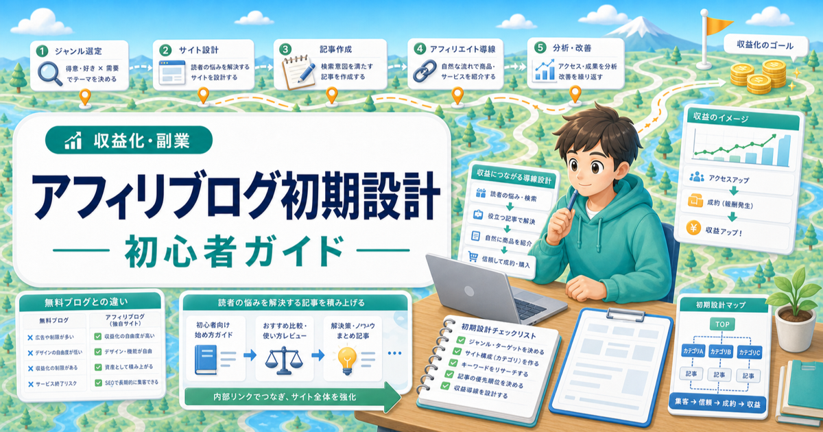 アフィリエイトブログの始め方｜無料ブログとの違いと初期設計の内容を表したアイキャッチ画像