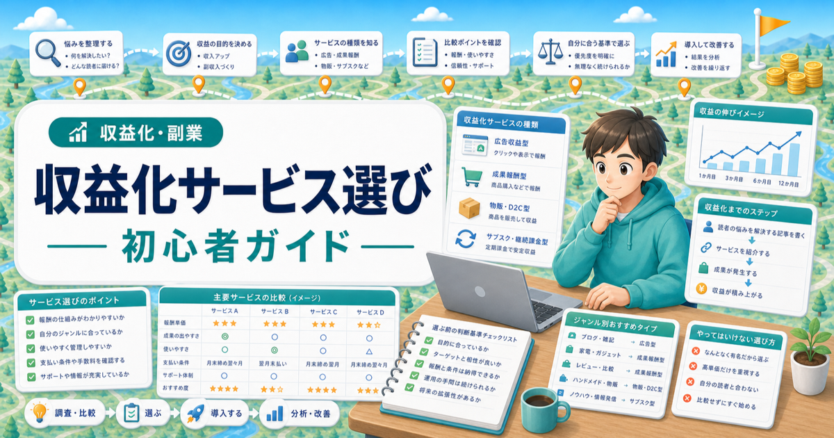ブログ収益化のおすすめはどれがいい？初心者が選ぶ前の判断基準の内容を表したアイキャッチ画像