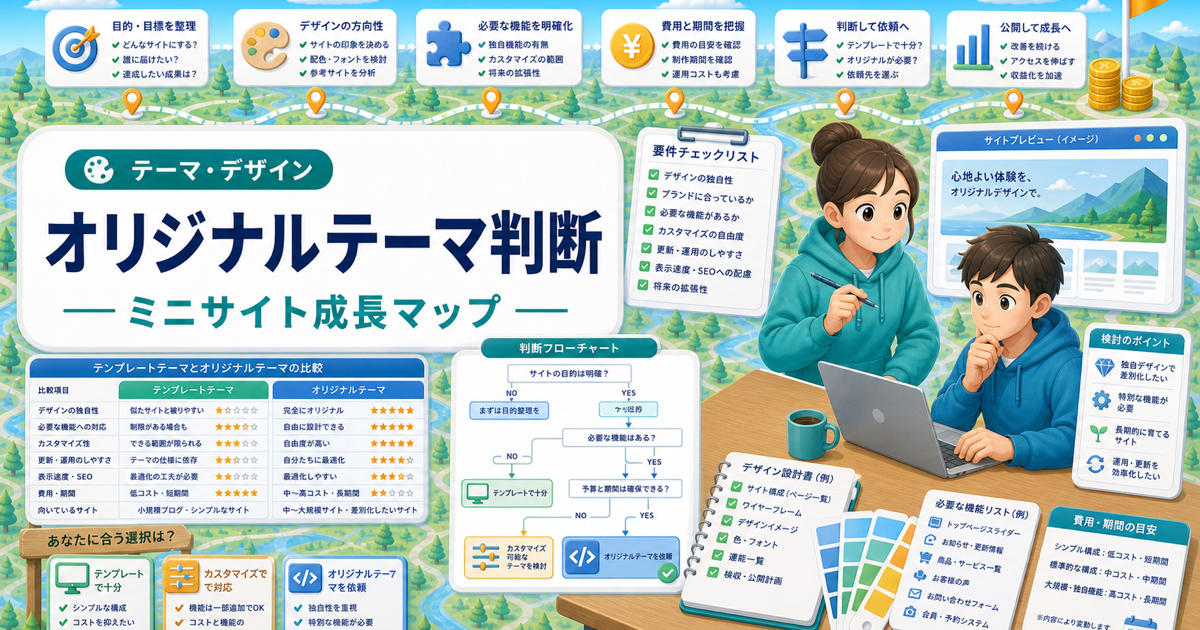 WordPressオリジナルテーマは必要？依頼前に見る費用と判断基準の内容を表したアイキャッチ画像