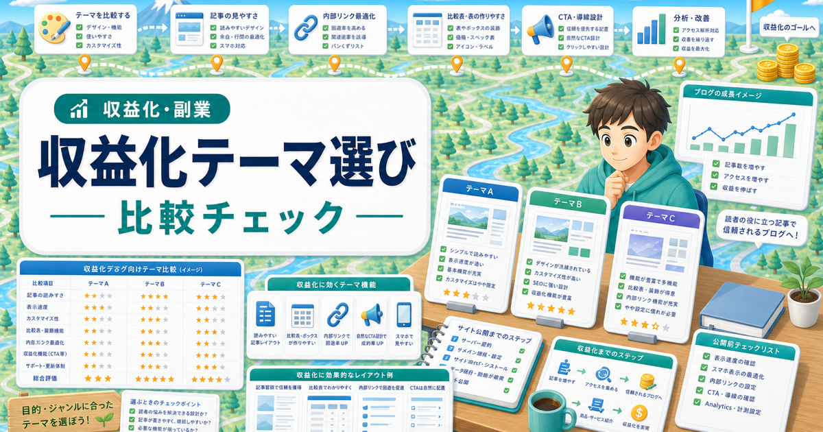 WordPressおすすめテーマはどれがいい？収益化ブログ向けの選び方の内容を表したアイキャッチ画像