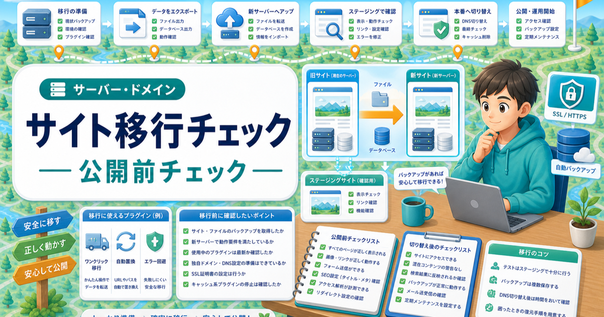 WordPress移行プラグインで失敗しない手順｜移す前に見るチェックリストの内容を表したアイキャッチ画像