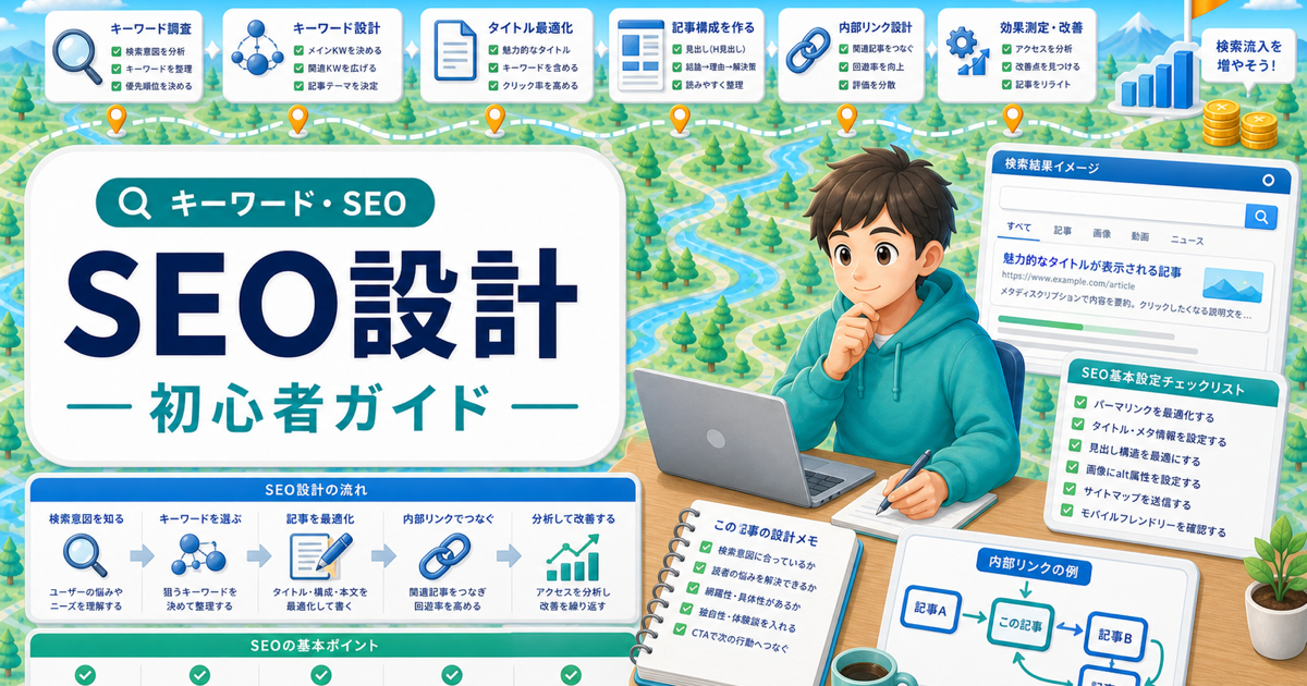 WordPressのSEO入門｜初心者が検索流入を増やす基本設定の内容を表したアイキャッチ画像