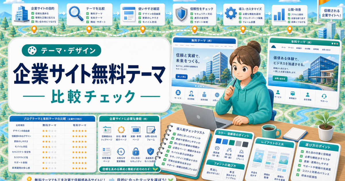 WordPress企業サイト向け無料テーマで十分？有料テーマとの違いと選び方の内容を表したアイキャッチ画像