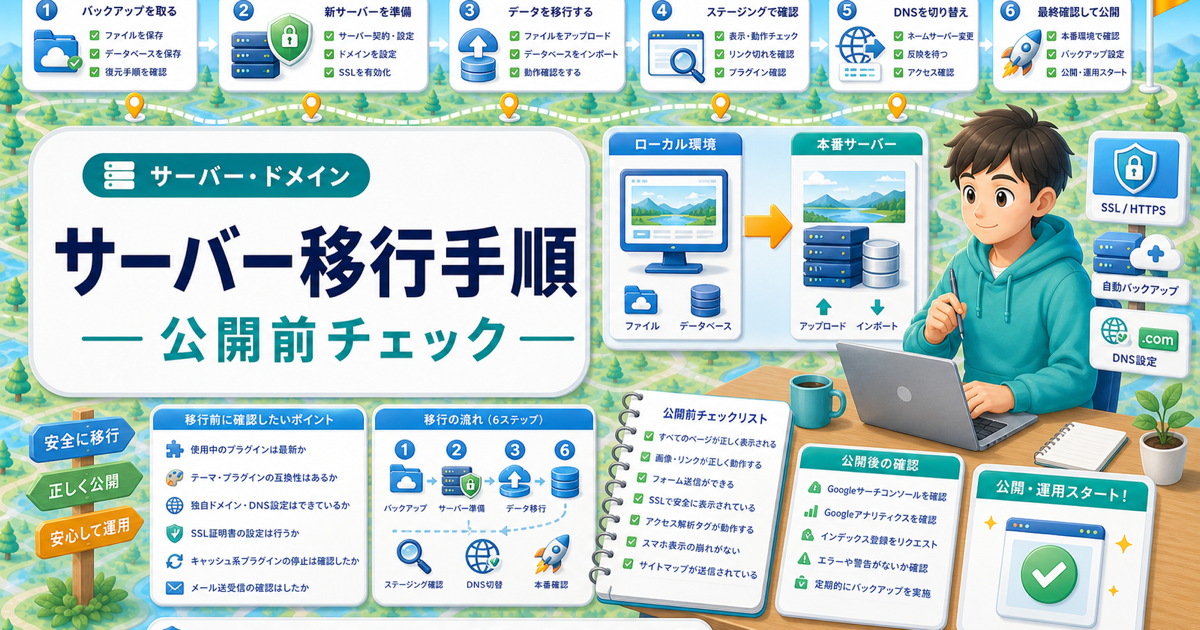 WordPressをローカルからサーバーへ移行する手順｜移す前に見るチェックリストの内容を表したアイキャッチ画像