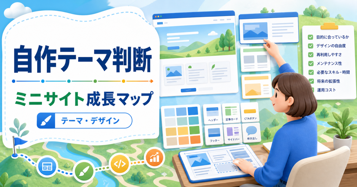 WordPress自作テーマは作るべき？費用・手間・失敗しない判断基準の内容を表したアイキャッチ画像