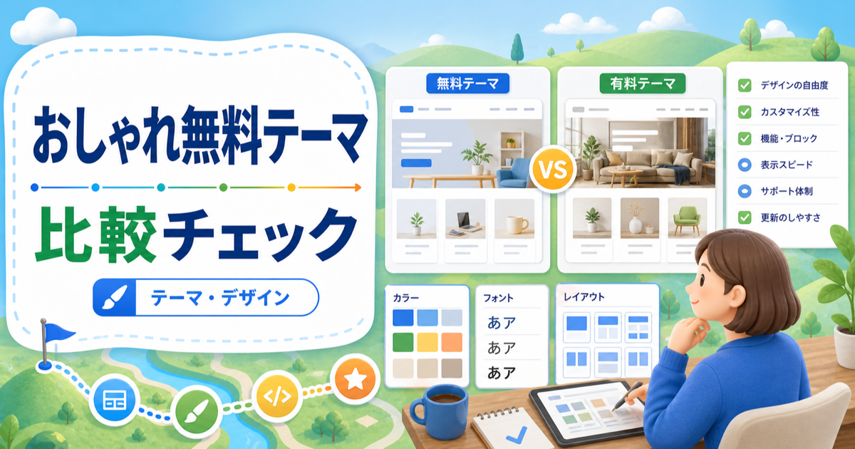 WordPressのおしゃれな無料テーマで十分？有料テーマとの違いと選び方の内容を表したアイキャッチ画像