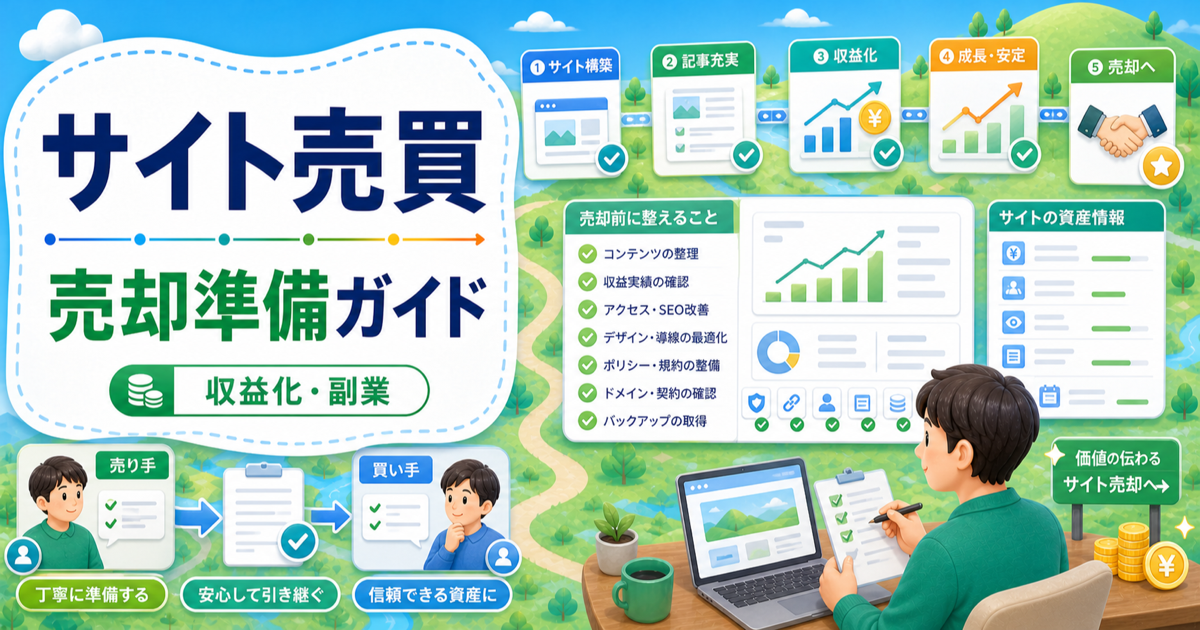 サイト売買完全ガイド｜個人ブログを売る前に整えることの内容を表したアイキャッチ画像