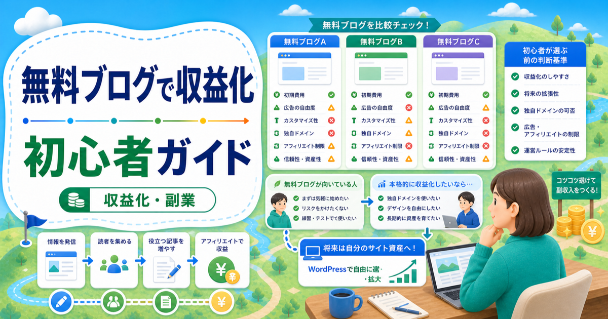 無料ブログでアフィリエイトはどれがいい？初心者が選ぶ前の判断基準の内容を表したアイキャッチ画像