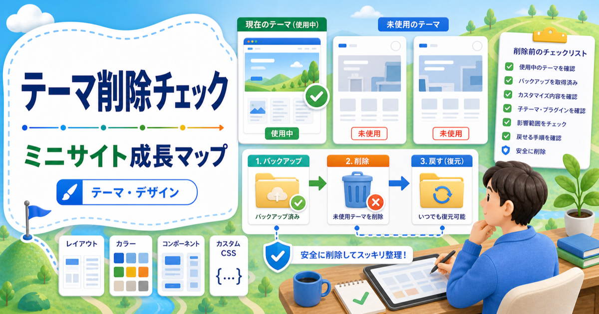 WordPressテーマ削除は消していい？安全な削除判断と戻し方の内容を表したアイキャッチ画像