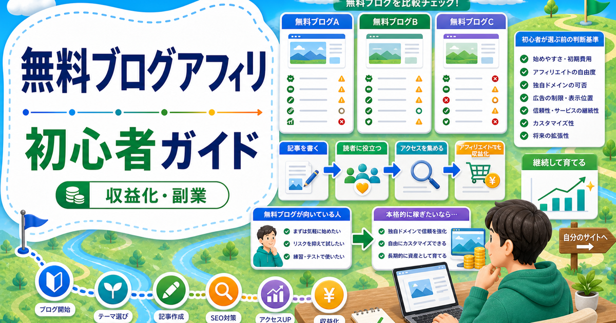 無料ブログアフィリエイトはどれがいい？初心者が選ぶ前の判断基準の内容を表したアイキャッチ画像