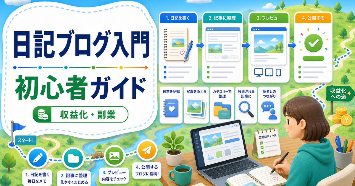 日記ブログの始め方完全ガイド｜初心者がブログ公開まで進む手順の内容を表したアイキャッチ画像