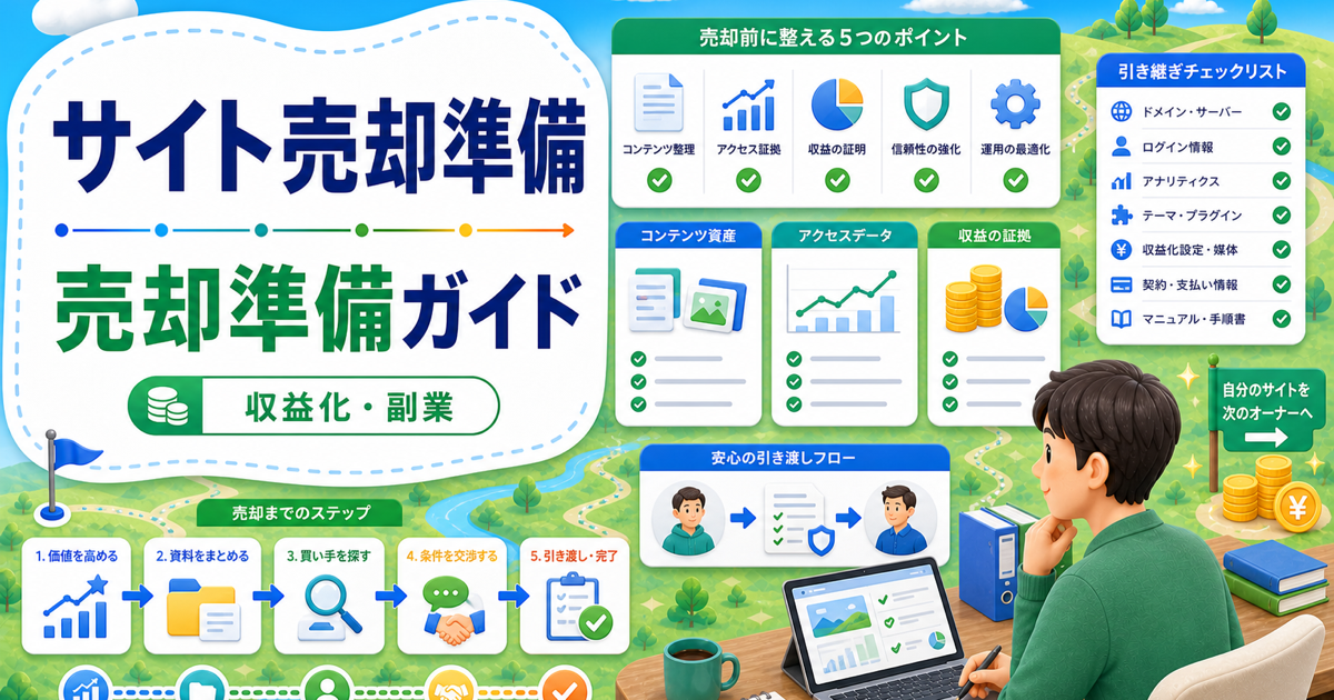 ブログ売却完全ガイド｜個人ブログを売る前に整えることの内容を表したアイキャッチ画像