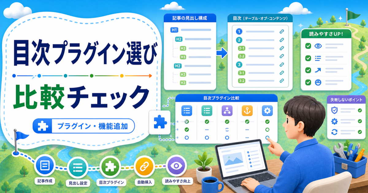 WordPress目次プラグインはどれがいい？失敗しない選び方と設定の注意点の内容を表したアイキャッチ画像