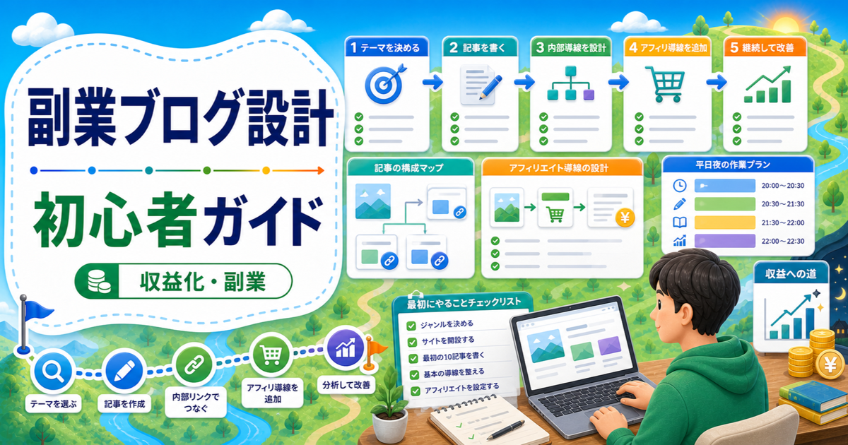 副業ブログの始め方｜初心者が最初の収益導線を作る手順の内容を表したアイキャッチ画像