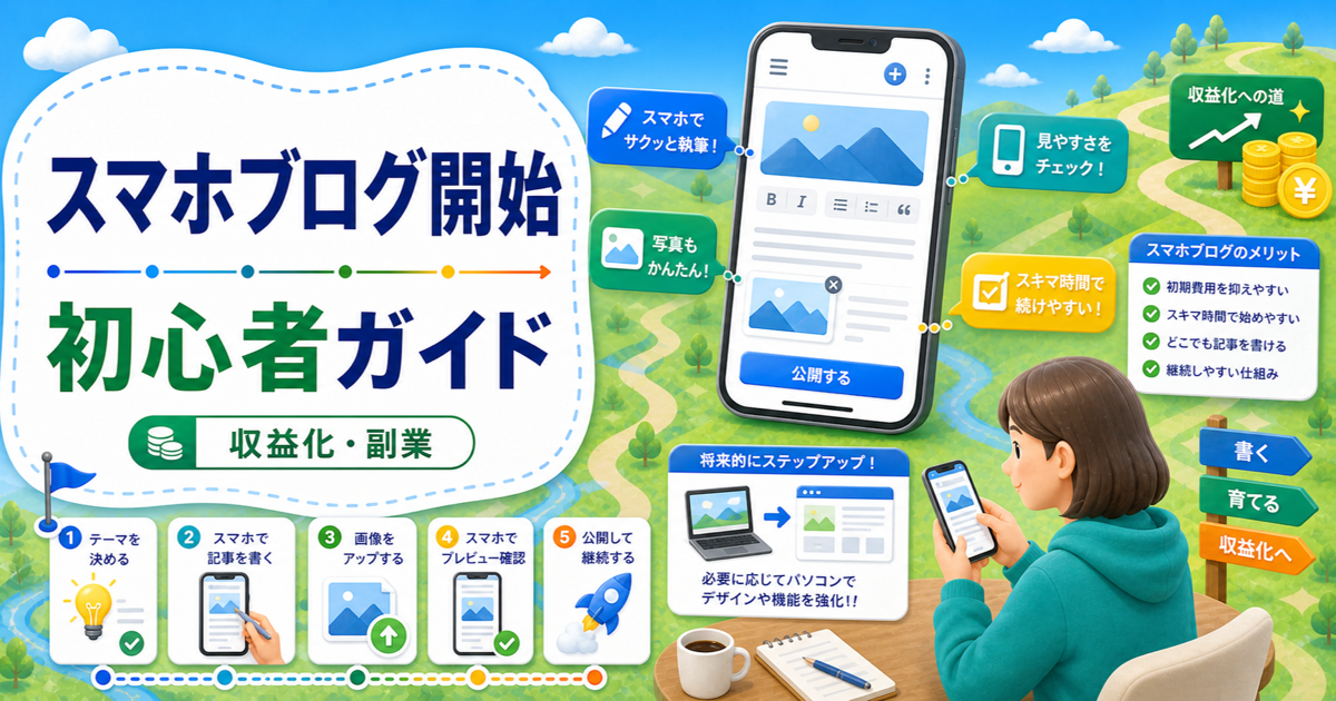 初心者向けスマホブログの始め方｜スマホだけで始める前に確認したいことの内容を表したアイキャッチ画像