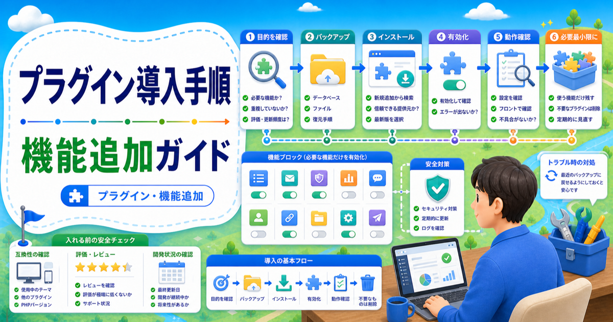 WordPress入れ方プラグイン｜入れる前に確認する安全な手順の内容を表したアイキャッチ画像