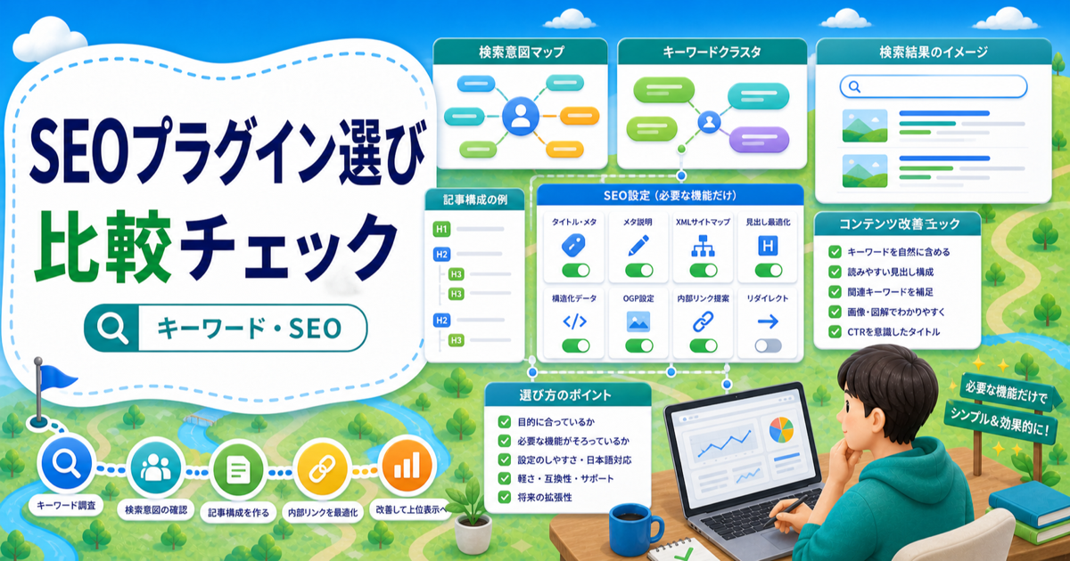 WordPressのSEOプラグインの選び方｜プラグインを増やしすぎない機能追加術の内容を表したアイキャッチ画像