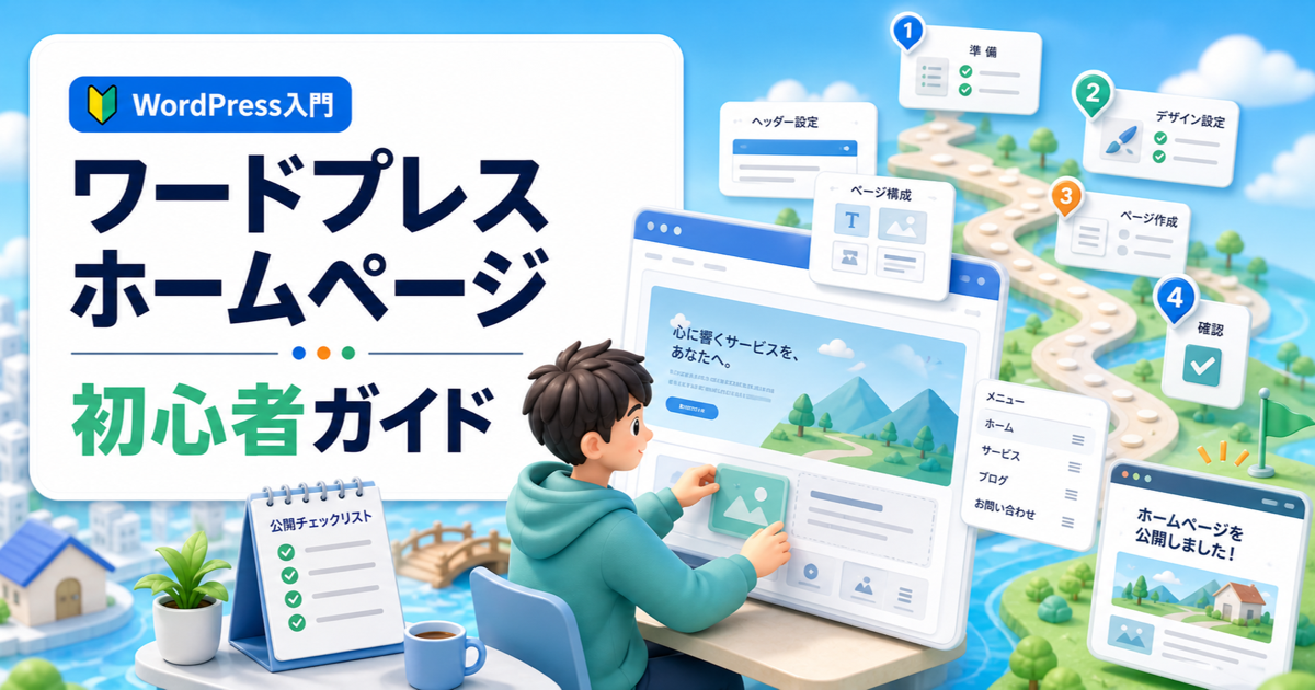 ワードプレスホームページ完全ガイド｜初心者が公開まで迷わない手順の内容を表したアイキャッチ画像