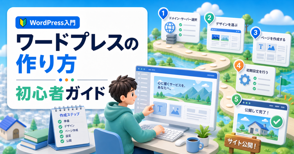 ワードプレスの作り方完全ガイド｜初心者が最短で公開まで進む手順の内容を表したアイキャッチ画像