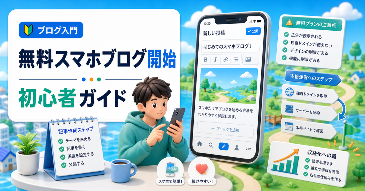 初心者向け無料スマホブログの始め方｜無料で始める前に知るべき注意点と収益化の道筋の内容を表したアイキャッチ画像