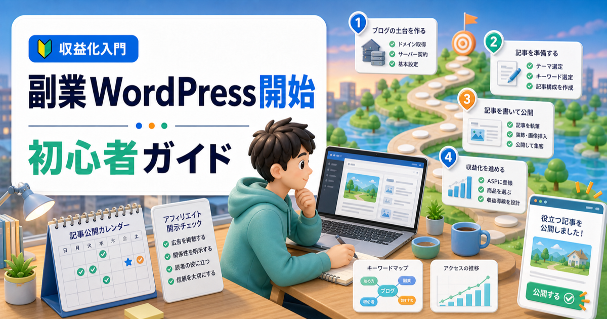 WordPressブログの始め方｜副業目線で収益化まで進める手順の内容を表したアイキャッチ画像