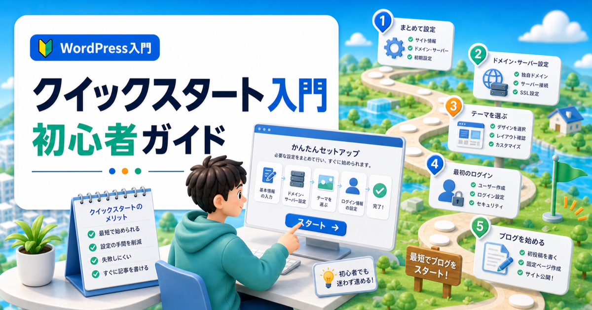 WordPressクイックスタートとは？初心者が失敗しない始め方の内容を表したアイキャッチ画像