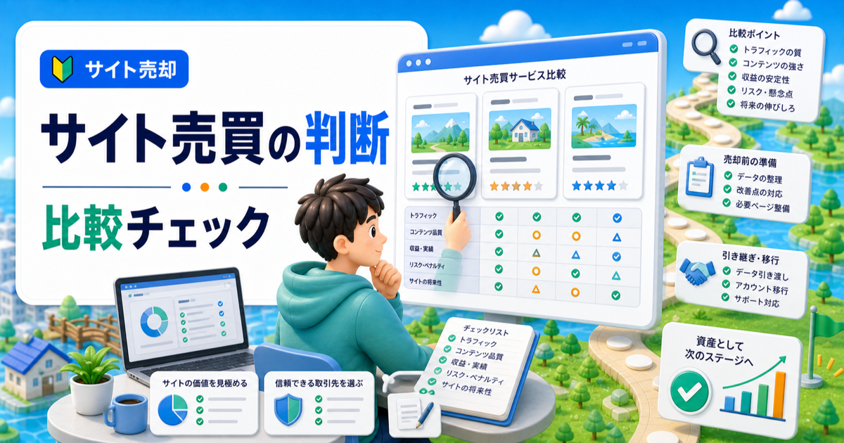 サイト売買おすすめは本当に使える？個人ブログを資産にする判断基準の内容を表したアイキャッチ画像