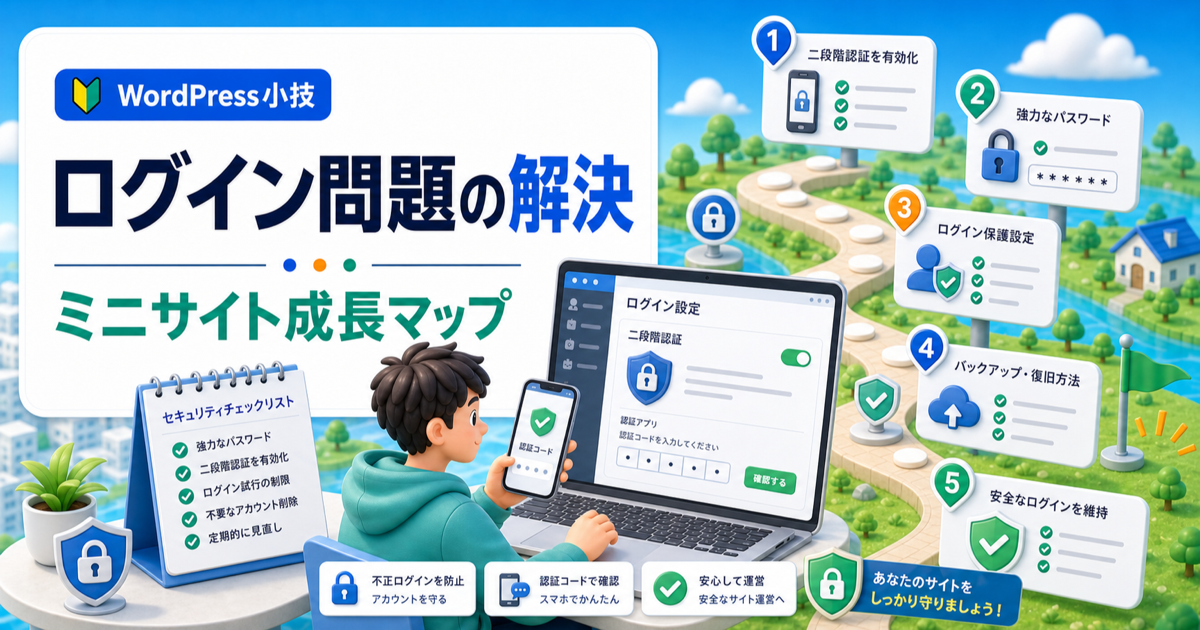 WordPress二段階認証の設定方法｜ログインを守る安全チェックの内容を表したアイキャッチ画像