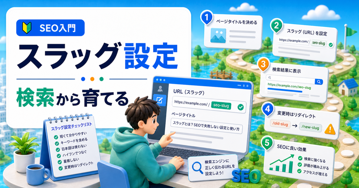 WordPressスラッグとは？SEOで失敗しない設定と使い方の内容を表したアイキャッチ画像