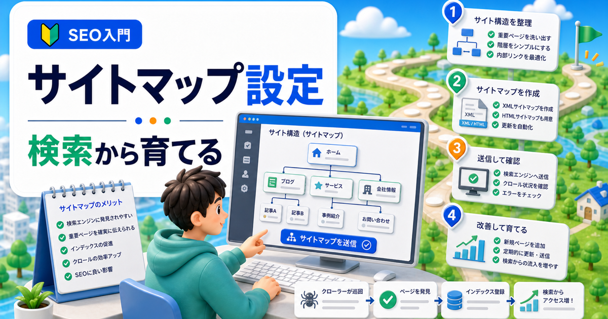 WordPressサイトマップとは？SEOで失敗しない設定と使い方の内容を表したアイキャッチ画像