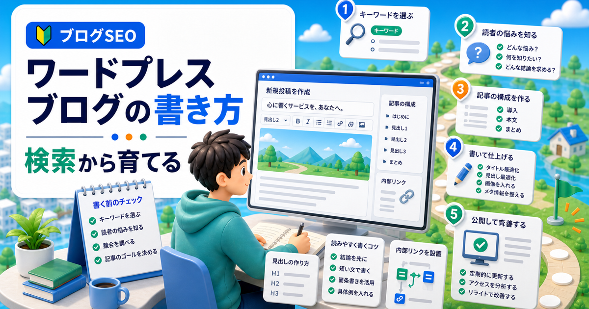 ワードプレスブログの書き方｜検索流入を増やす基本手順の内容を表したアイキャッチ画像