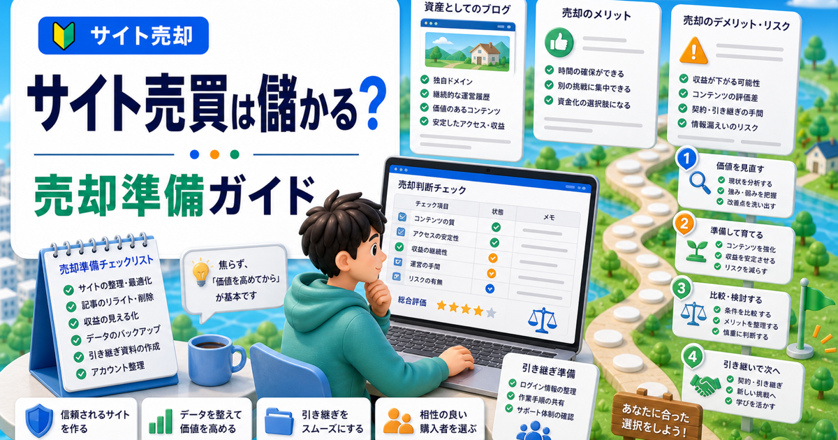 サイト売買は儲かる？個人ブログを資産にする現実的な判断基準の内容を表したアイキャッチ画像