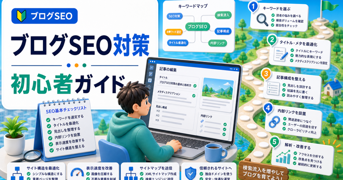 WordPressブログのSEO対策入門｜初心者が検索流入を増やす基本設定の内容を表したアイキャッチ画像