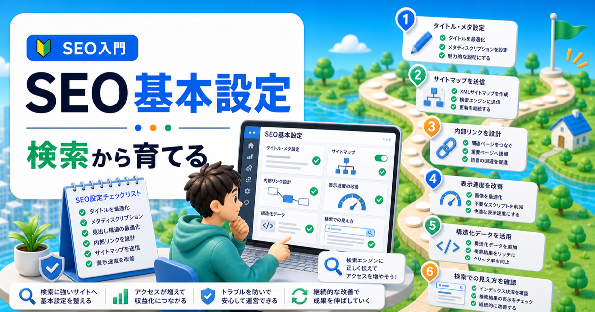 WordPressのSEO設定｜検索流入を増やす基本手順の内容を表したアイキャッチ画像