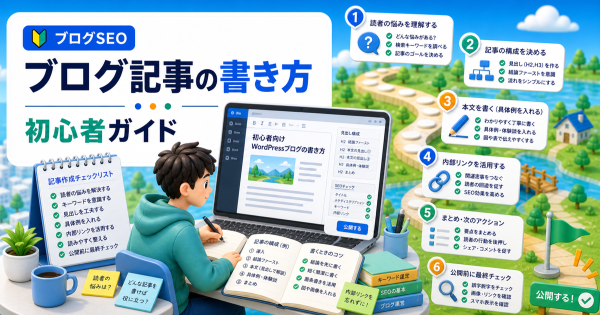 初心者向けWordPressブログの書き方｜検索流入を増やす基本手順の内容を表したアイキャッチ画像