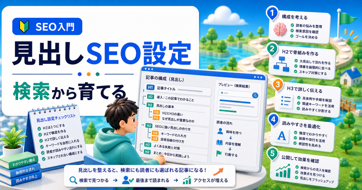 WordPress見出しとは？SEOで失敗しない設定と使い方の内容を表したアイキャッチ画像