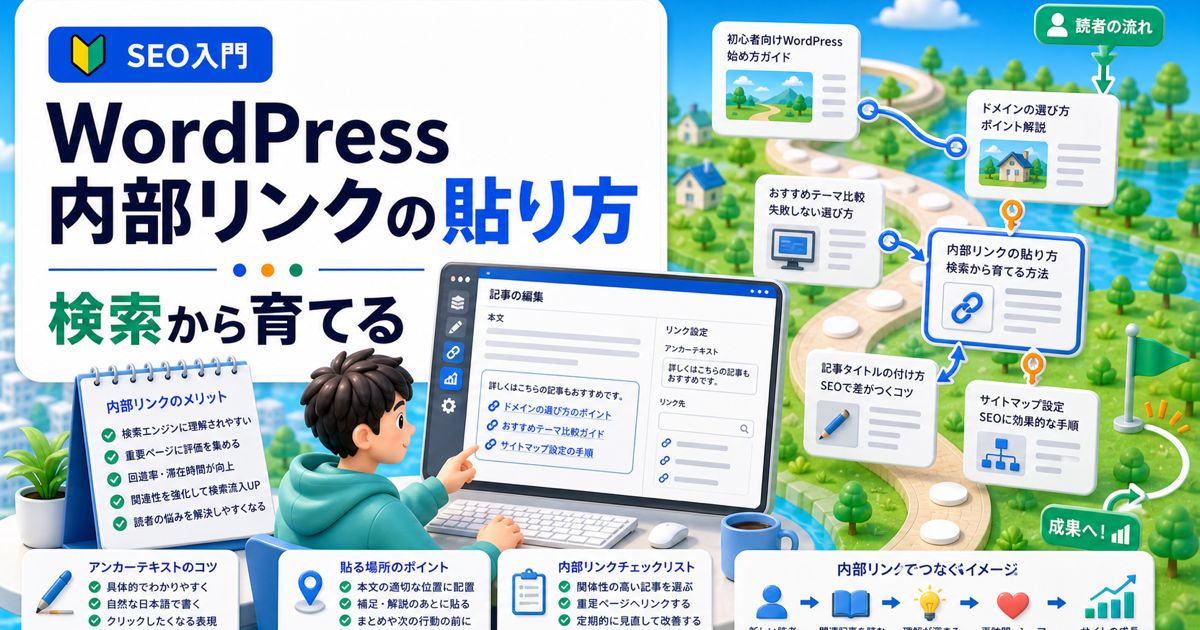 WordPress内部リンクの貼り方｜検索流入を増やす基本手順の内容を表したアイキャッチ画像